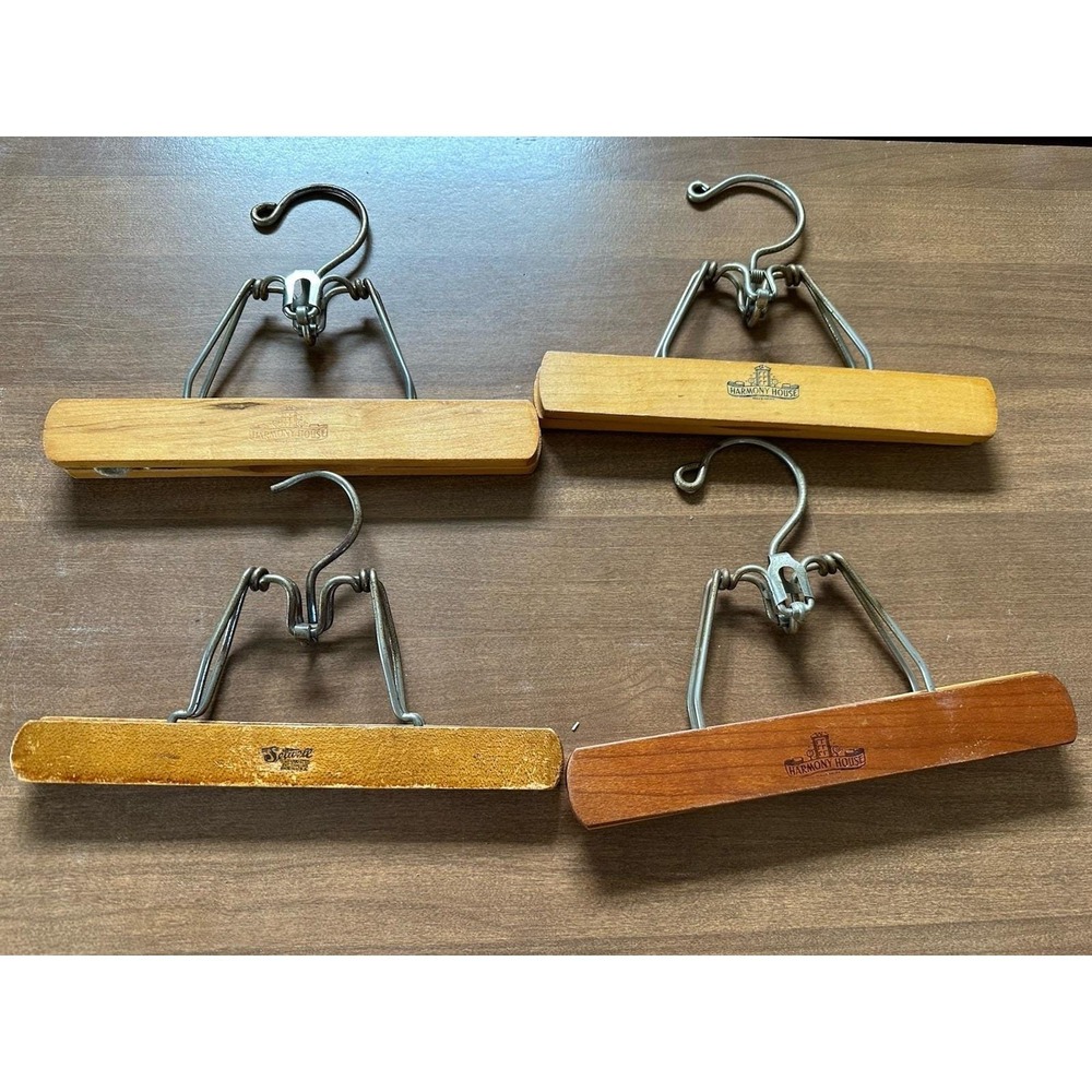 4 Vintage Wooden Hangers Clamp Pants Skirt Slacks 1 Setwell 3 Unbranded 9" & 10"